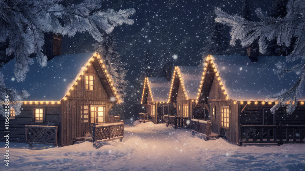 Fototapeta premium Charming wooden cabins adorned with glowing lights during a snowy winter night, creating a cozy and festive atmosphere.