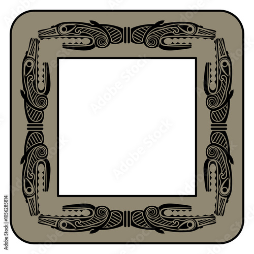 Square rectangular animal frame or border with heads of fantastic dragon. Ethnic Norse Viking design from ancient Norway. 