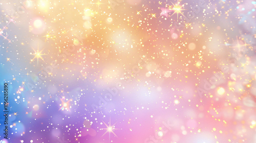 Glittering gradient background with a holographic effect and magical lights, featuring gold stars and festive blurs