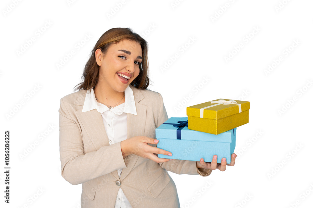Latina businesswoman presenting a holiday gift Latina businesswoman presenting a holiday gift