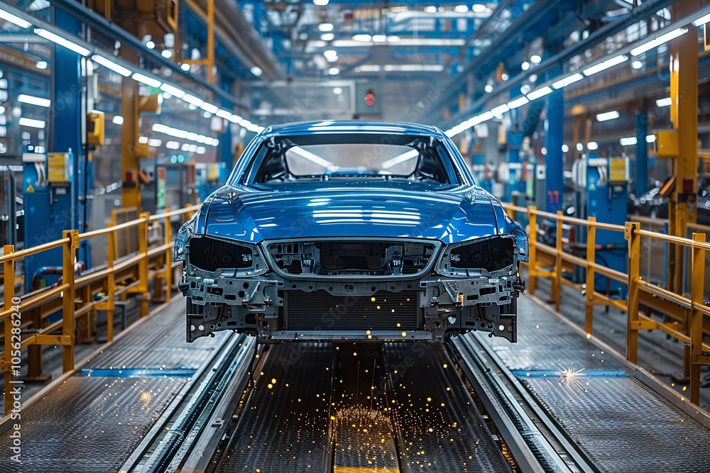 A blue car frame is suspended in mid-air as it is being assembled on an industrial line, surrounded by bright lights and machinery in a spacious manufacturing facility A blue car frame is suspended in mid-air as it is being assembled on an industrial line, surrounded by bright lights and machinery in a spacious manufacturing facility