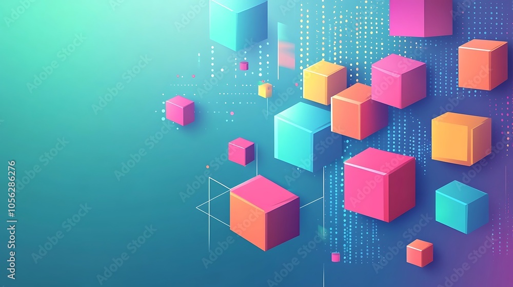 Abstract background with colorful 3D cubes floating over a blue gradient and digital pattern. Abstract background with colorful 3D cubes floating over a blue gradient and digital pattern.