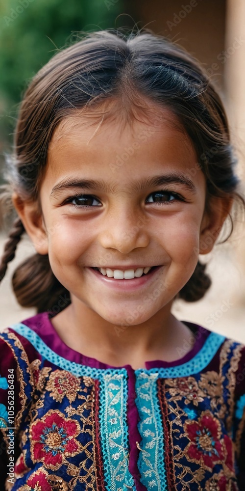 Obraz premium A young cute girl 5 years old from Afghanistan in national clothing smiles, showcasing her traditional attire, her expressive eyes reflecting her surroundings and culture. Generative AI