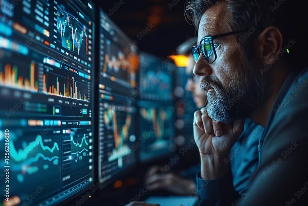 An analyst deeply analyzes various financial charts and trends displayed on several screens in a darkened office environment, showcasing intense concentration during evening hours An analyst deeply analyzes various financial charts and trends displayed on several screens in a darkened office environment, showcasing intense concentration during evening hours