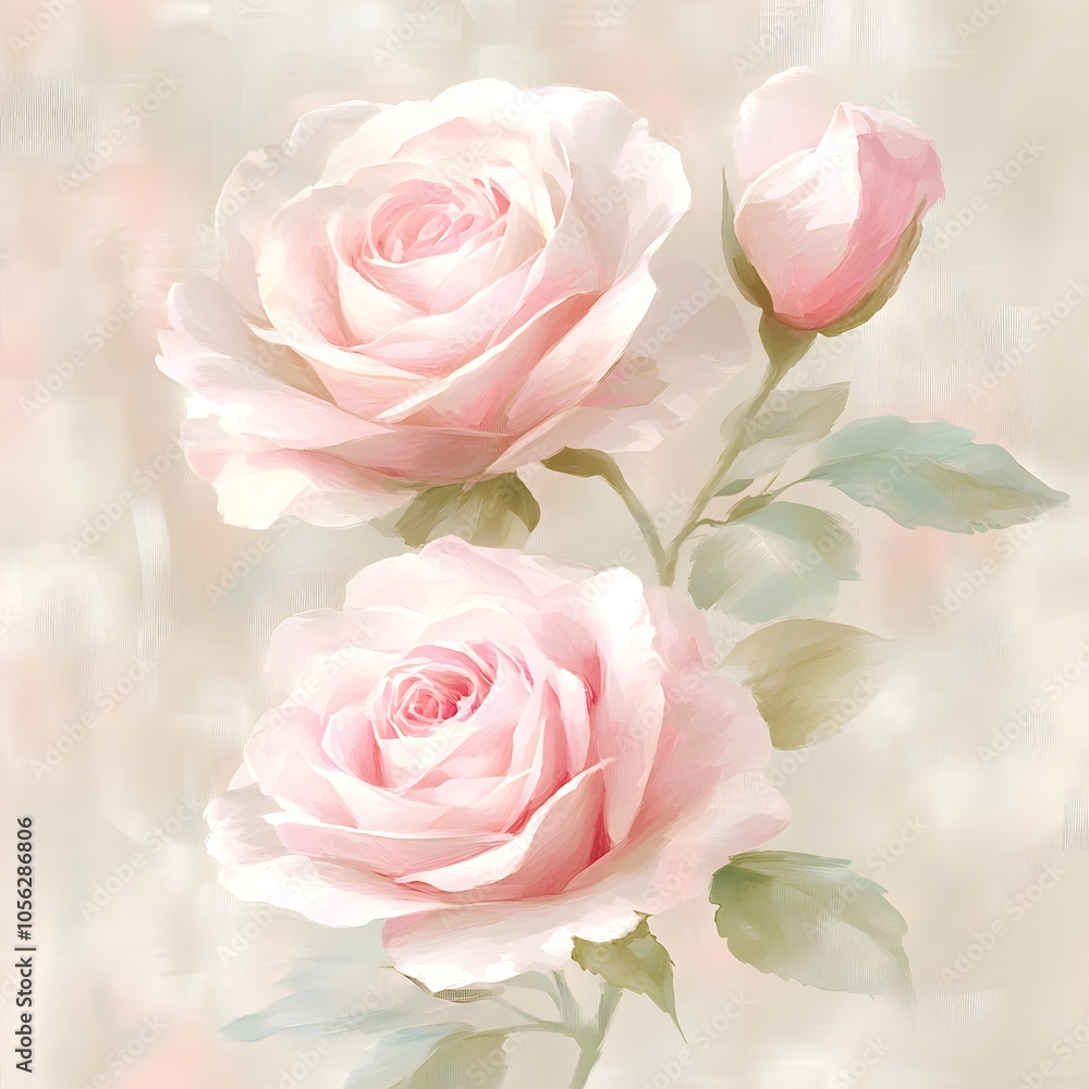 Obraz premium Two soft pink roses with a bud against a light background, conveying beauty and tranquility.