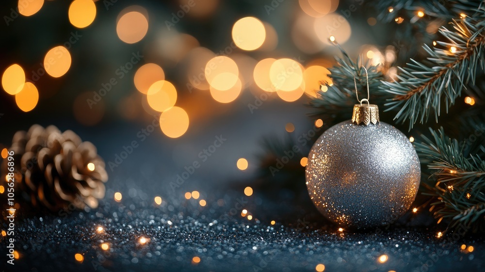 Festive Holiday Scene with Glittering Silver Ornament and Pine Cones Amidst Warm Golden Bokeh Lights on a Dark Background Festive Holiday Scene with Glittering Silver Ornament and Pine Cones Amidst Warm Golden Bokeh Lights on a Dark Background
