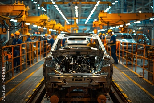 In a bustling automobile manufacturing facility, workers focus on assembling vehicles with precision. The interior is filled with machinery and equipment, showcasing a complex production process