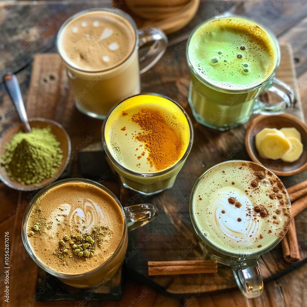 Four different flavored lattes are displayed on a rustic wooden table Four different flavored lattes are displayed on a rustic wooden table