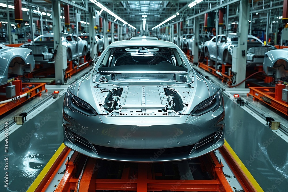 A sleek electric vehicle chassis is positioned on an assembly line inside a bright manufacturing facility. Surrounding vehicles await further assembly processes in the background A sleek electric vehicle chassis is positioned on an assembly line inside a bright manufacturing facility. Surrounding vehicles await further assembly processes in the background