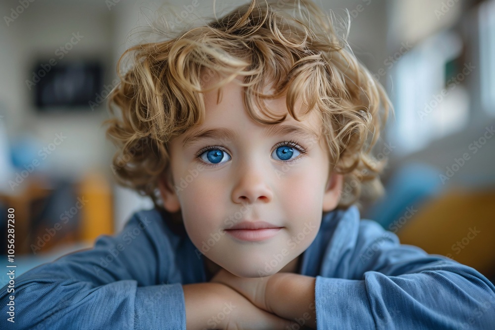 A cheerful boy with light curly hair and striking blue eyes leans on his arms, exuding warmth and innocence in a cozy indoor setting filled with soft colors and light A cheerful boy with light curly hair and striking blue eyes leans on his arms, exuding warmth and innocence in a cozy indoor setting filled with soft colors and light