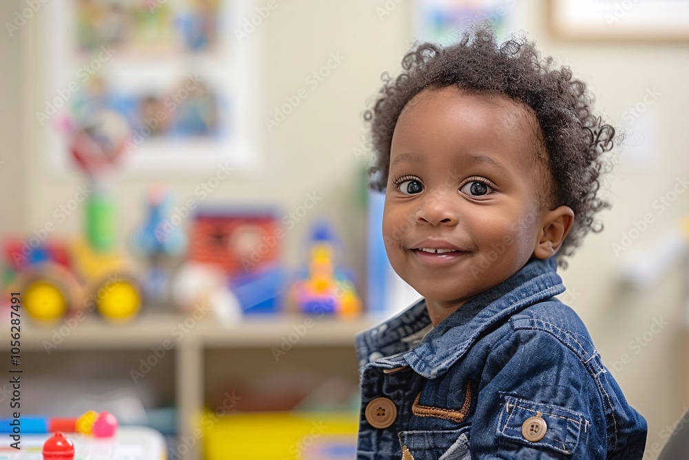 A joyful young child with curly hair smiles while playing with toys in a vibrant classroom filled with learning materials. The atmosphere is cheerful and inviting, encouraging exploration A joyful young child with curly hair smiles while playing with toys in a vibrant classroom filled with learning materials. The atmosphere is cheerful and inviting, encouraging exploration