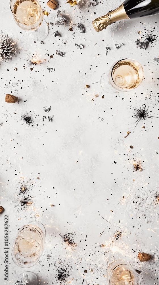 New Year’s Eve party arrangement with champagne glasses, confetti, and sparklers, viewed from above with an empty middle for text