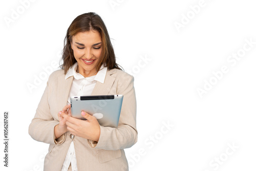 Innovative Latina entrepreneur using a tablet for success