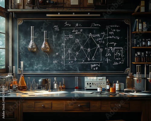 Creative 3D visualization of a blackboard filled with chalkdrawn chemical formulas and laboratory flasks, emphasizing education in the exact sciences photo