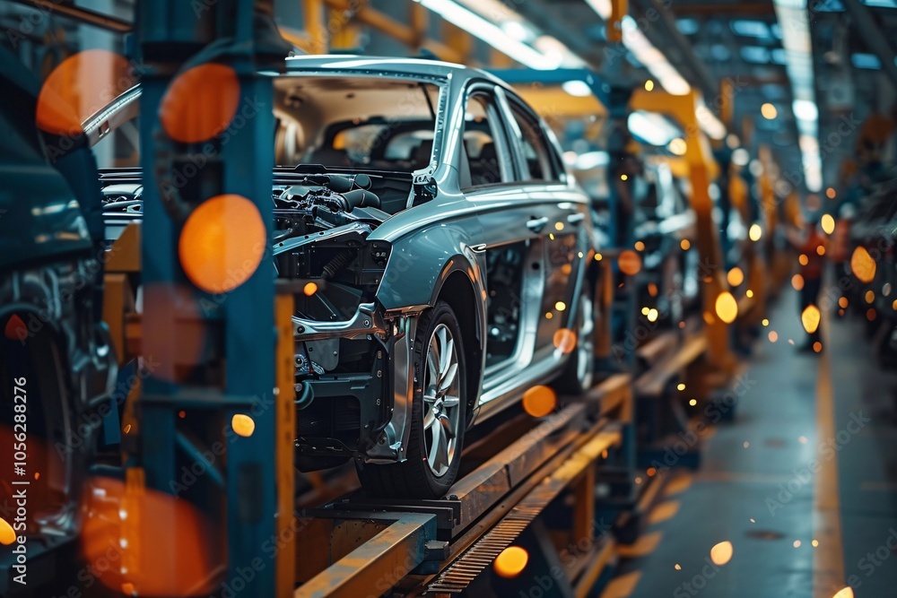 An assembly line filled with partially constructed vehicles is seen, showcasing the intricate automotive manufacturing process inside a bustling factory environment An assembly line filled with partially constructed vehicles is seen, showcasing the intricate automotive manufacturing process inside a bustling factory environment