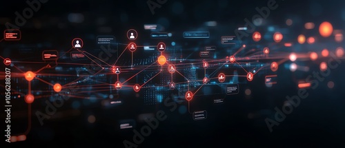 Dynamic 3D visualization of a graphic lineage tree with interconnected user icons and speech bubbles, emphasizing personal data and human connections on a rich dark backdrop photo