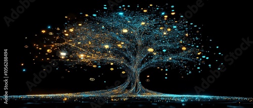 Innovative 3D visualization of a lineage tree with digital graphic user icons and speech bubbles