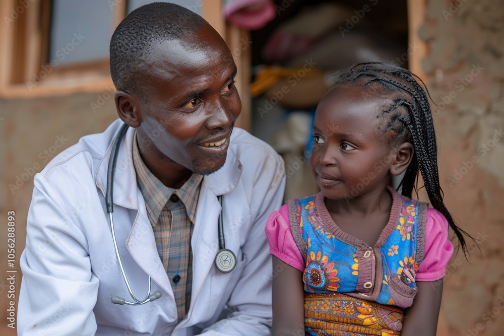 A doctor talks and smiles with a young girl at a community clinic, fostering a supportive atmosphere for health care in their local environment A doctor talks and smiles with a young girl at a community clinic, fostering a supportive atmosphere for health care in their local environment