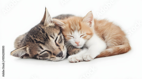 adorable puppy and kitten lying together in a loving embrace with white shades, cinematic, png