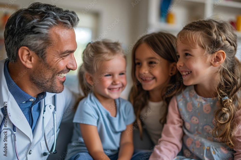 A pediatrician smiles warmly while engaging with three young girls during a visit, creating a friendly and welcoming atmosphere in the clinic setting A pediatrician smiles warmly while engaging with three young girls during a visit, creating a friendly and welcoming atmosphere in the clinic setting