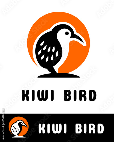 A minimalist logo design in orange and black, featuring a stylized kiwi bird with clean lines