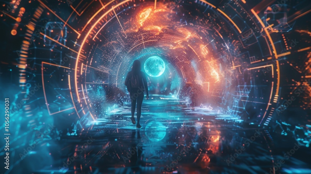 Woman with a backpack is walking through a futuristic tunnel illuminated by a glowing moon and adorned with digital symbols, showcasing a concept of future technology and exploration Woman with a backpack is walking through a futuristic tunnel illuminated by a glowing moon and adorned with digital symbols, showcasing a concept of future technology and exploration