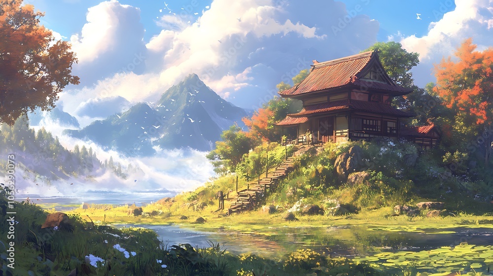 A serene landscape featuring a traditional house by a tranquil water body, surrounded by mountains and lush greenery. A serene landscape featuring a traditional house by a tranquil water body, surrounded by mountains and lush greenery.
