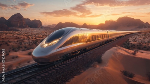 Modern High-Speed Train Traveling Through a Desert Landscape at Sunset