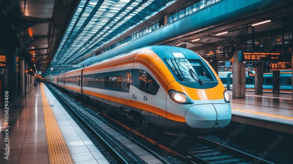 Modern High-Speed Train at a Railway Station Platform Modern High-Speed Train at a Railway Station Platform