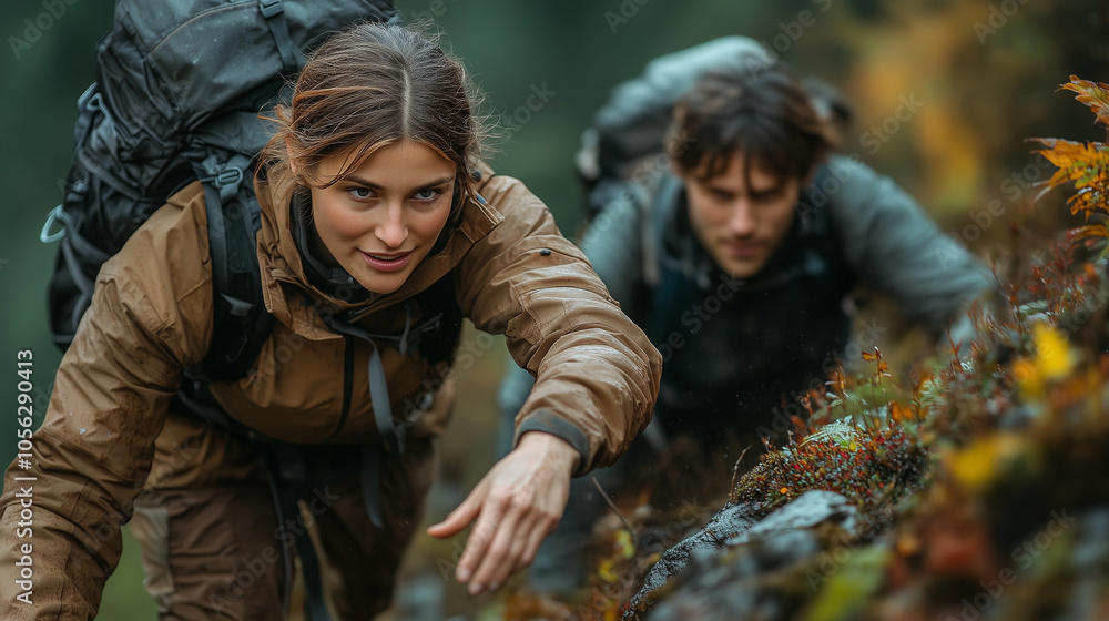 Two hikers helping each other climb up a steep hill: One hiker reaching out a hand with five fingers to help their friend up a steep incline, both dressed in outdoor gear. Their fa Two hikers helping each other climb up a steep hill: One hiker reaching out a hand with five fingers to help their friend up a steep incline, both dressed in outdoor gear. Their fa