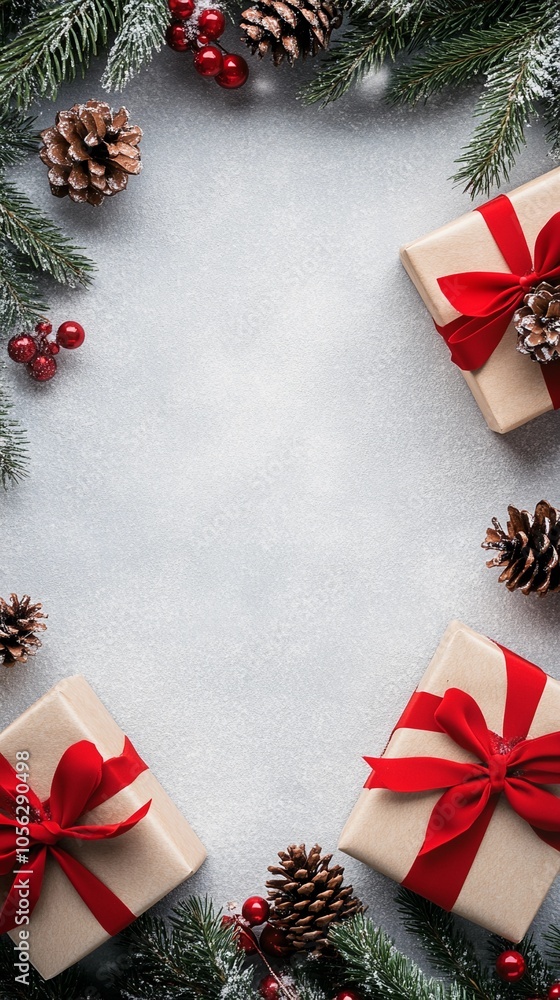 Christmas gift boxes with red bows and pinecones on a snowy surface, taken from above with an empty area in the center for text Christmas gift boxes with red bows and pinecones on a snowy surface, taken from above with an empty area in the center for text