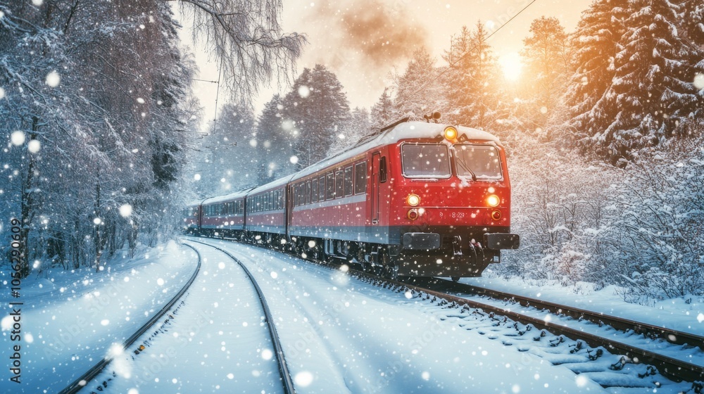 A red train traveling through a snowy forest A red train traveling through a snowy forest