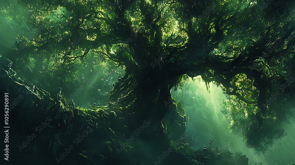 A mystical forest scene featuring a large, ancient tree surrounded by lush greenery and soft light. A mystical forest scene featuring a large, ancient tree surrounded by lush greenery and soft light.