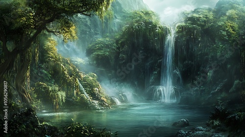 A serene landscape featuring a waterfall surrounded by lush greenery and mist.