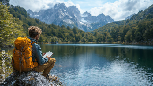 Solo hiker enjoying a quiet moment by a lakeshore with mountains in the background: A single hiker sits on a rock, holding a small notebook and pen in visible five-fingered hands,