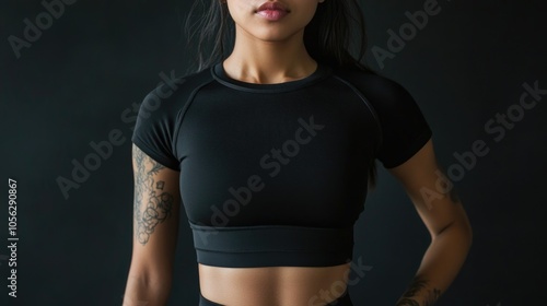 Athletic woman wearing black sportswear in fitness studio mockup