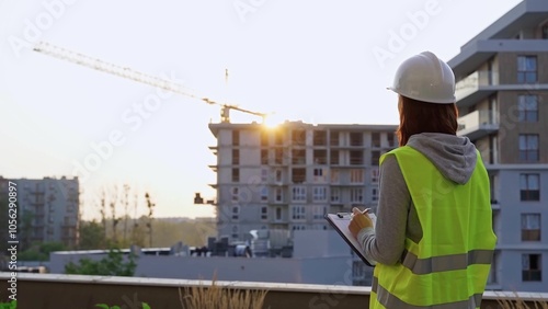 Construction female engineer taking notes and writing on clipboard while inspecting a building site