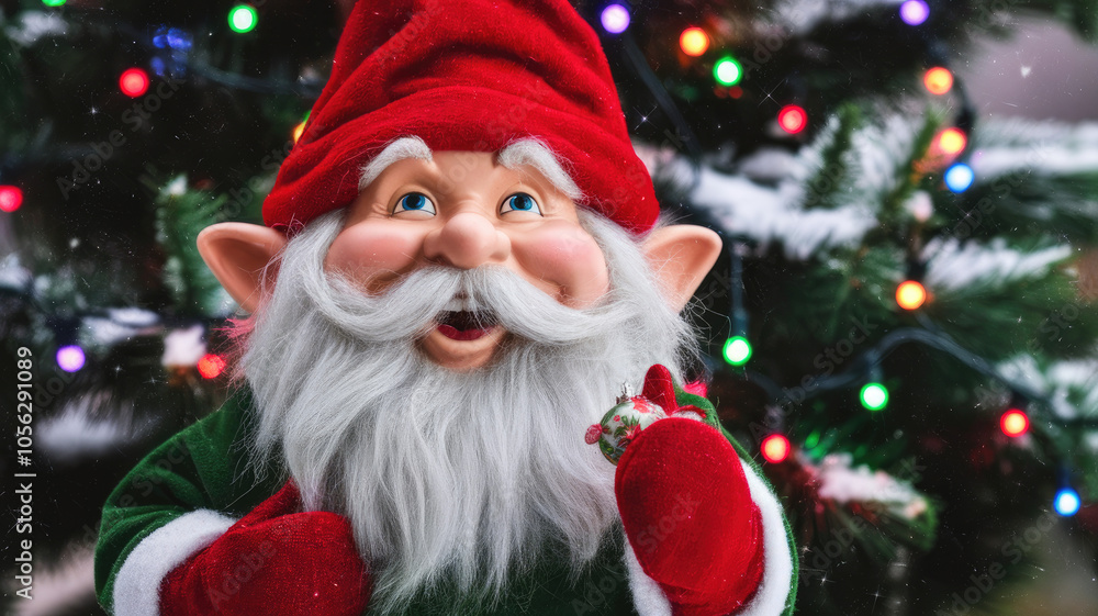 Cheerful Santa Claus figure with rosy cheeks and a big smile, set against a festive backdrop of colorful Christmas lights and a snowy tree. Cheerful Santa Claus figure with rosy cheeks and a big smile, set against a festive backdrop of colorful Christmas lights and a snowy tree.