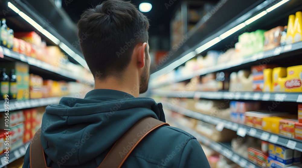Rear view of a young man looking at food products in supermarket Rear view of a young man looking at food products in supermarket