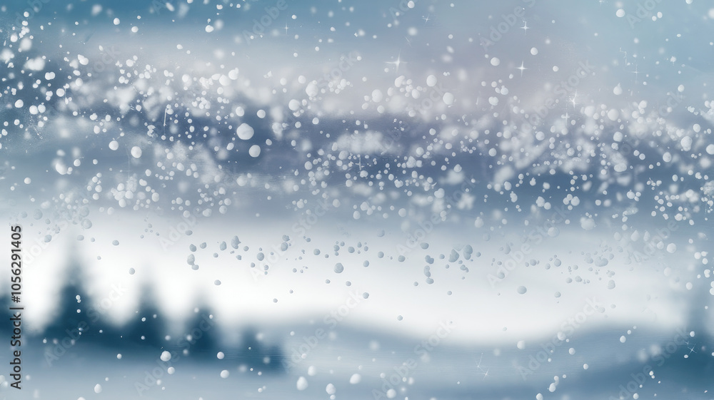 Obraz premium A serene winter landscape featuring gently falling snowflakes against a blurred backdrop of distant trees and mountains, creating a peaceful, wintry mood.