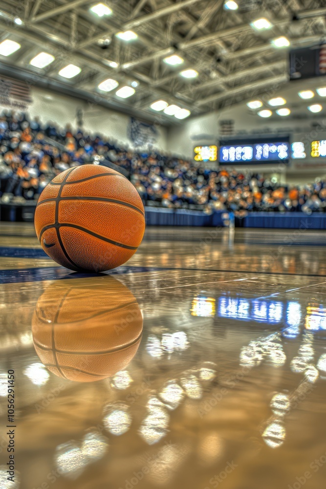 Pregame Basketball Silence: A closeup of a basketball on a shiny floor, with an out-of-focus excited crowd in the background, highlighting pregame anticipation. Pregame Basketball Silence: A closeup of a basketball on a shiny floor, with an out-of-focus excited crowd in the background, highlighting pregame anticipation.