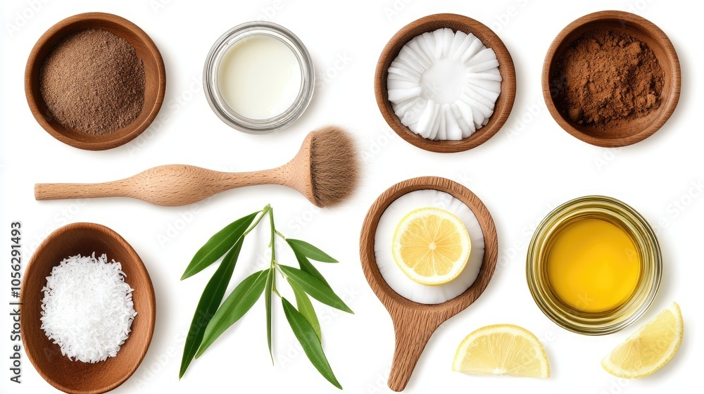A stunning array of natural beauty products featuring limes, coconut shells, leaves, and spa tools on a warm beige background A stunning array of natural beauty products featuring limes, coconut shells, leaves, and spa tools on a warm beige background
