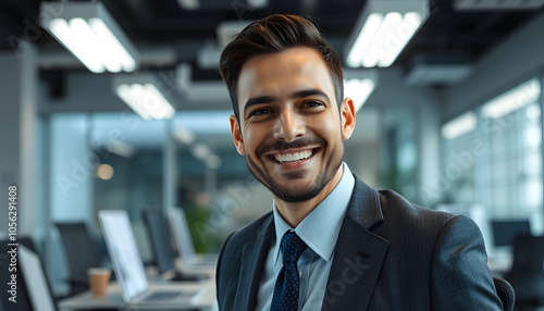 smiling businessman in the workplace in the office isolated with white shades, png