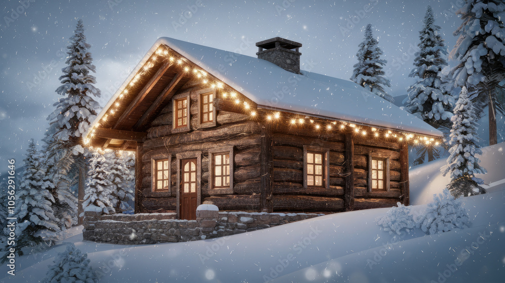 Charming wooden cabin in a snowy landscape, adorned with festive lights, exuding a cozy winter charm. Perfect winter retreat scene for holiday inspiration. Charming wooden cabin in a snowy landscape, adorned with festive lights, exuding a cozy winter charm. Perfect winter retreat scene for holiday inspiration.