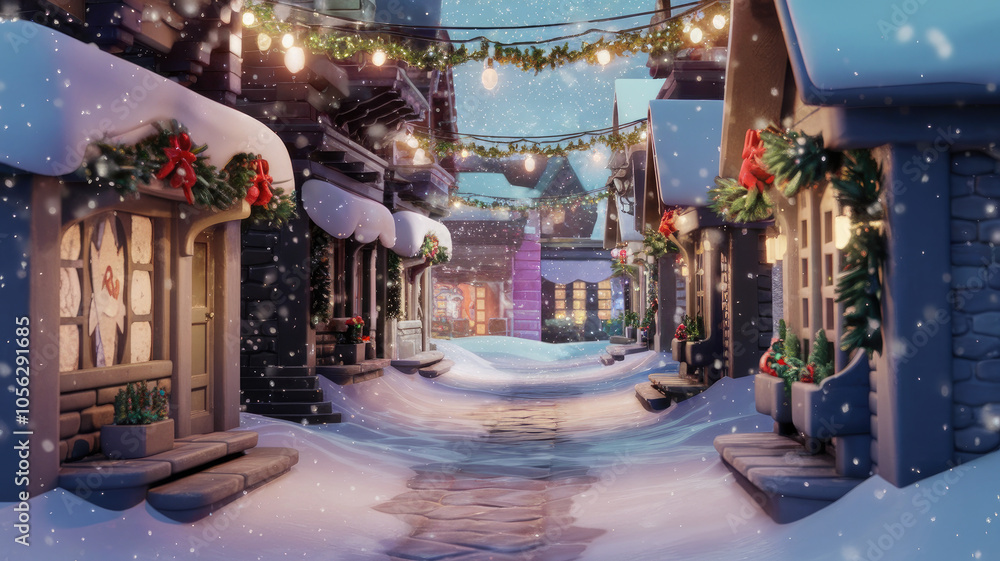 A cozy winter village scene, illuminated by festive lights and decorated with wreaths, showcasing charming rooftops blanketed in snow. A cozy winter village scene, illuminated by festive lights and decorated with wreaths, showcasing charming rooftops blanketed in snow.