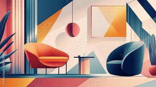 Abstract interior design with two chairs, a table, a lamp, and plants.