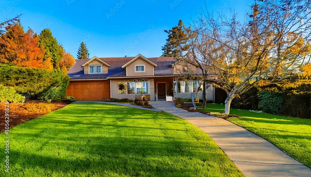 Upscale home with well manicured yard and trees in the backyard Upscale home with well manicured yard and trees in the backyard