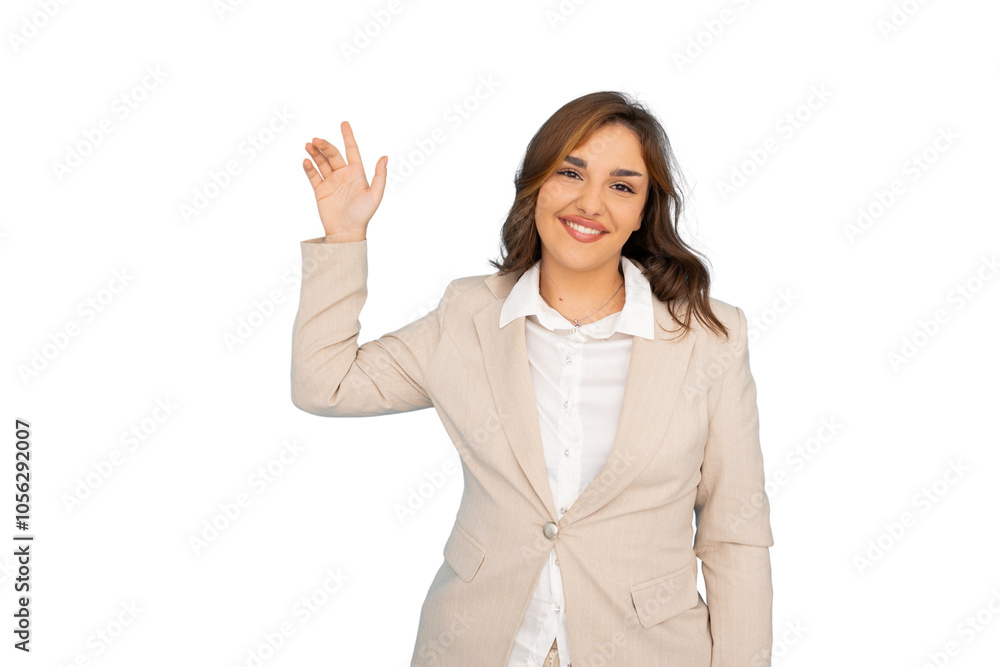 Young businesswoman pointing to featured product Young businesswoman pointing to featured product