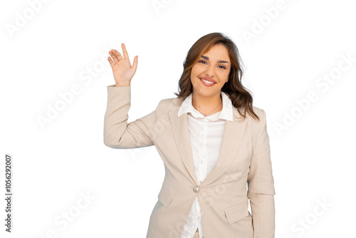 Young businesswoman pointing to featured product