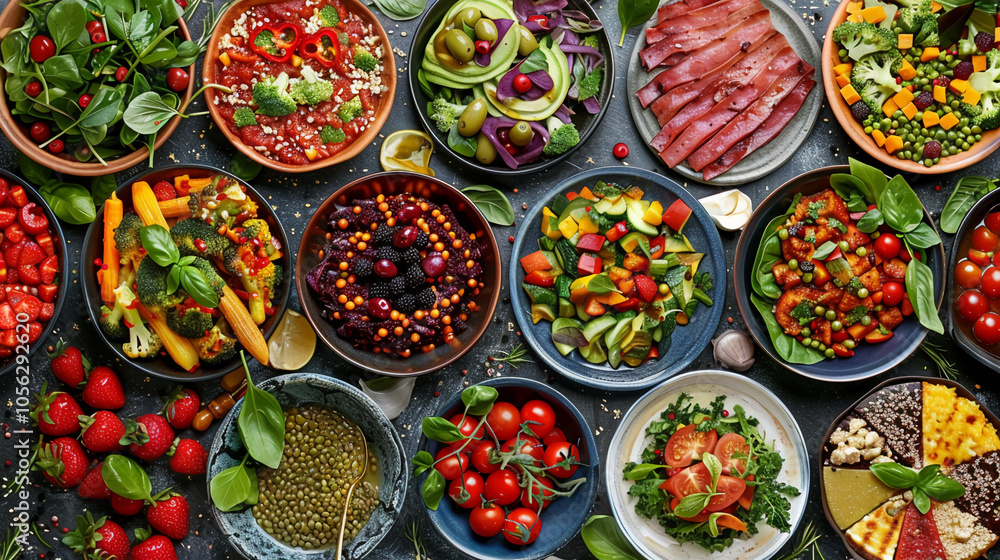 A variety of colorful, healthy dishes arranged on a dark countertop. The dishes feature fresh vegetables, fruits, and grains, making them ideal for a nutritious meal A variety of colorful, healthy dishes arranged on a dark countertop. The dishes feature fresh vegetables, fruits, and grains, making them ideal for a nutritious meal